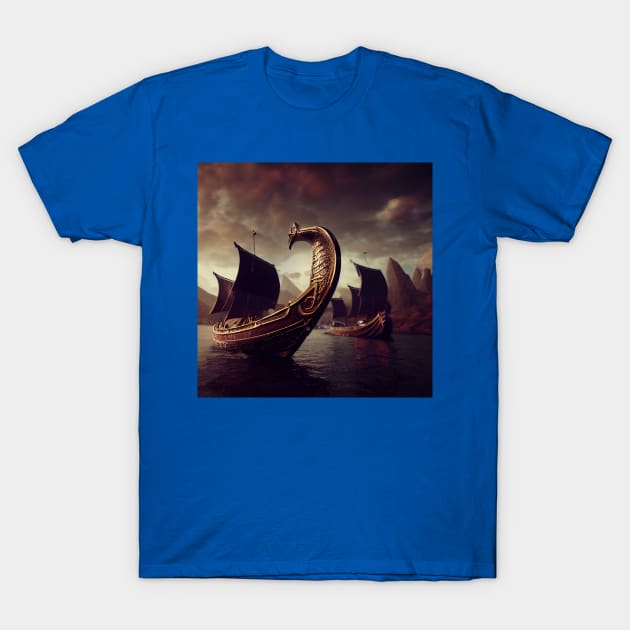 Viking Raiders on Longships T-Shirt by Grassroots Green